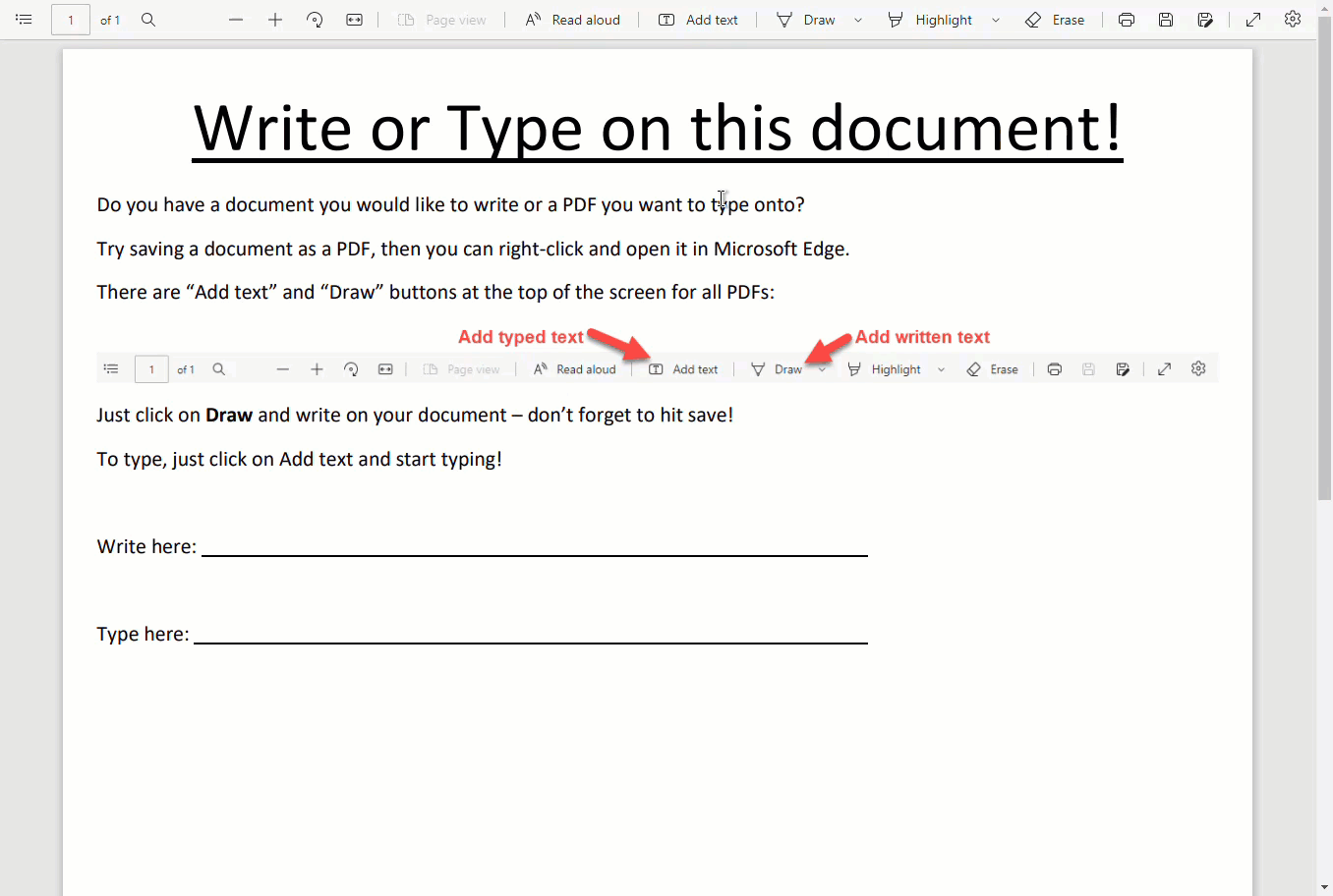 Write or Type on a PDF using the Edge browser